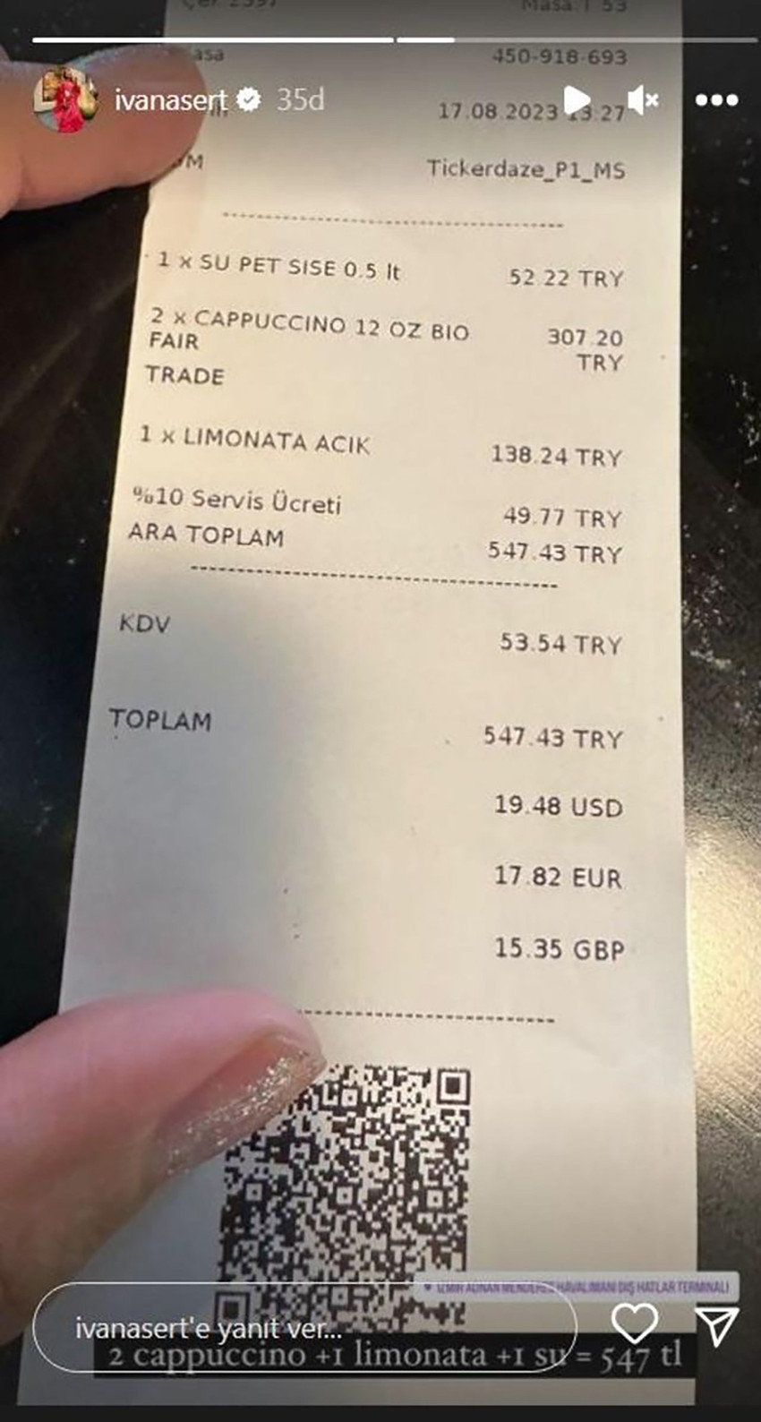 Ivana Sert havaalanından içeceklere ödediği parayı paylaşarak isyan etti - Resim : 1