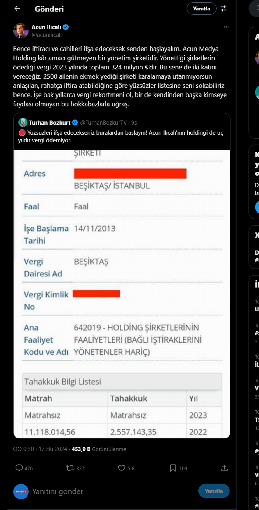 Ünlü televizyoncu ve iş insanı Acun Ilıcalı, ekonomist Turhan Bozkurt’un Acun Medya Holding'in üç yıldır vergi ödemediği iddialarına çok sert bir tepki göstererek 2023'te 324 milyon TL vergi ödediğini açıkladı.