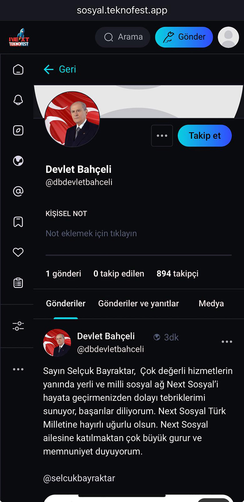 MHP Genel Başkanı Devlet Bahçeli, Türkiye Teknoloji Takımı Vakfı (T3 Vakfı) Mütevelli Heyeti Başkanı Selçuk Bayraktar'ın daveti üzerine yerli sosyal medya platformu Next Sosyal'e katıldı.