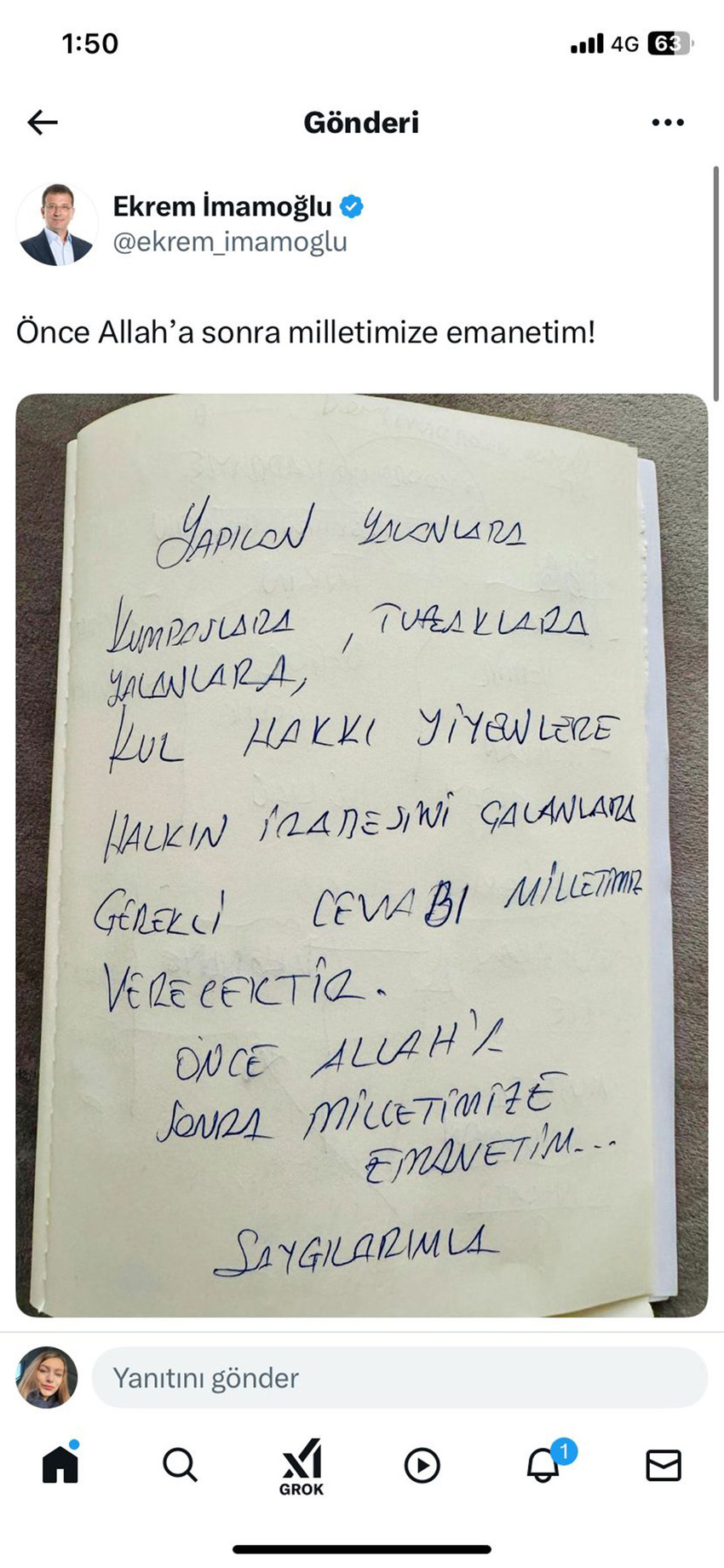 Sabah saatlerinde gözaltına alınan İstanbul Büyükşehir Belediye Başkanı Ekrem İmamoğlu gözaltında el notuyla yazdığı bir mesajı paylaştı.