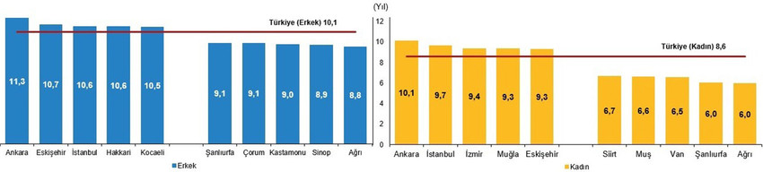 TÜİK 2023 yılı ulusal eğitim istatistiklerine göre Türkiye'de ortalama eğitim süresi 2023'te 9,3 yıl olurken, yükseköğretim mezunlarının oranı 25 yaş ve üzeri nüfusta yüzde 24,6'ya çıktı.