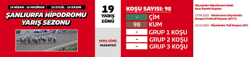 2025 yılı at yarışı İlkbahar - Yaz sezonu için geri sayım başladı. İzmir ve Adana'daki çim yarışlarına ek olarak İstanbul, Ankara'da da safkanlar çim pist yarışlarında boy gösterecek.