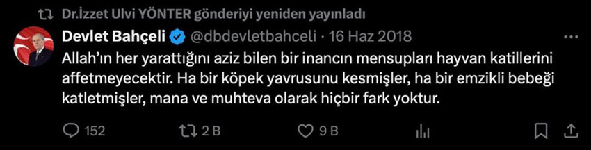 AK Partili ve MHP'li üyelerin "evet" oyuyla komisyondan geçen sokak hayvanları yasa teklifiyle ilgili tartışmalar tüm hızıyla sürerken, MHP lideri Bahçeli'nin bundan 6 yıl önce sosyal medyadan yaptığı paylaşım yeniden gündeme geldi. 