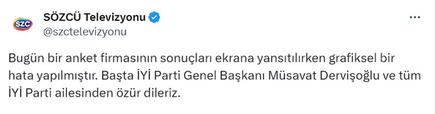 Sözcü TV'de yayımlanan anket sonuçları İYİ Parti'nin tepkisini çekti. Ankette İYİ Parti'nin yer almamasını tepki gösteren Müsavat Dervişoğlu, ''Biz de Sözcü'yü mü boykot edelim'' dedi. 