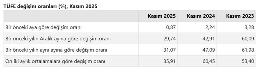 TÜFE değişim oranları (%), Kasım 2025