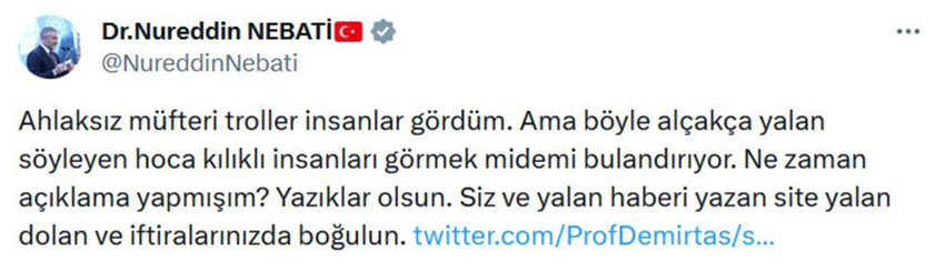 Türkiye'nin önde gelen ekonomistlerinden Prof. Dr. Özgür Demirtaş'ın paylaşımı sosyal medyayı karıştırdı. Demirtaş'a Nebati'den çok sert bir tepki geldi. İkili arasında karşılıklı paylaşımlarda eski Bakan Nebati "böyle alçakça yalan söyleyen hoca kılıklı insanları görmek midemi bulandırıyor" dedi. Prof. Dr. Demirtaş'ın ise yanıtı çok daha ağır oldu.