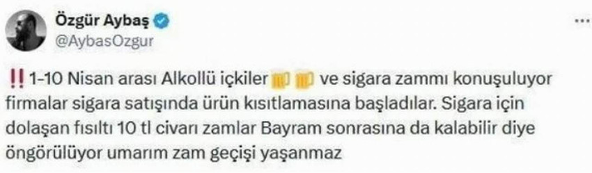 Türkiye Tekel Bayileri Platformu Başkanı Özgür Aybaş'ın yaptığı açıklamaya göre, sigaraya önemli bir zam bekleniyor