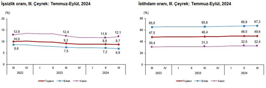 Türkiye İstatistik Kurumu Eylül 2024 işsizlik rakamlarını açıkladı. TÜİK verilerine göre, eylül ayında mevsim etkisinden arındırılmış işsizlik oranı yüzde 8,7 seviyesinde gerçekleşti.