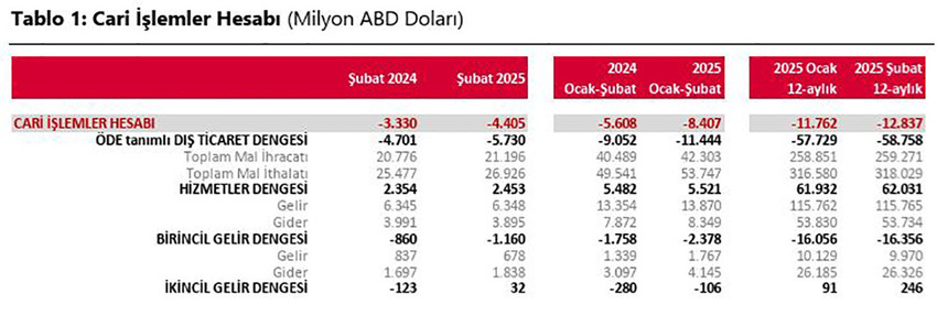Merkez Bankası, şubat ayında cari işlemler hesabının 4 miyar 405 milyon dolar açık verdiğini, yıllıklandırılmış cari açığın 12,8 milyar dolar olduğunu açıkladı.