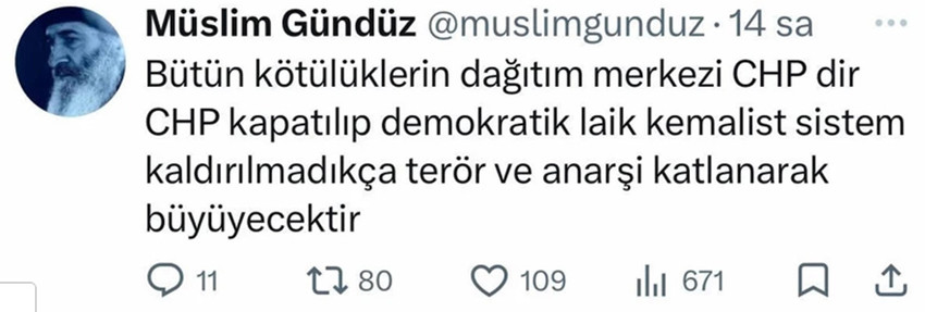Şanlıurfa ve Kahramanmaraş&rsquo;ta meydana gelen, toplamda 9 can kaybı ve &ccedil;ok sayıda yaralanmaya yol a&ccedil;an okul saldırıları T&uuml;rkiye'nin ana g&uuml;ndemi olmaya devam ediyor. Aczmendi tarikatı lideri M&uuml;slim G&uuml;nd&uuml;z, t&uuml;m kesimlerin sosyolojik nedenlere odaklandığı olayla ilgili skandal bir iddiada bulundu. Saldırılardan CHP'yi sorumlu tutan G&uuml;nd&uuml;z'&uuml;n 