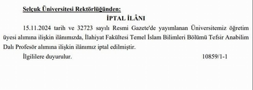 Selçuk Üniversitesi'nin Resmî Gazete'de yayımlanan "Dünyada mutluluğun formülü konusunda çalışmaları olmak" şartlı öğretim üyesi alım ilanına tepki yağınca ilanı geri çekti.