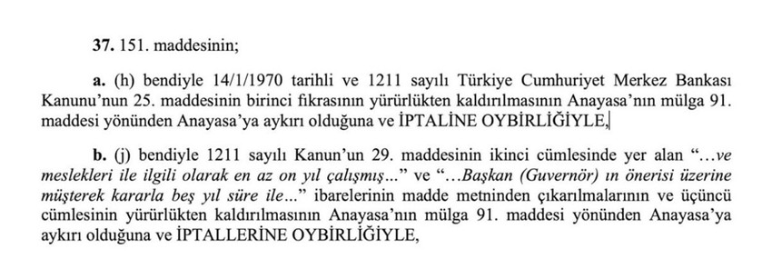 Anayasa Mahkemesi, Cumhurbaşkanı'nın rektör atama yetkisinin Anayasa'ya aykırı olduğuna karar verdi. AYM ayrıca, Erdoğan’ın Merkez Bankası başkanını görev süresinden önce değiştirme yetkisini iptal etti.