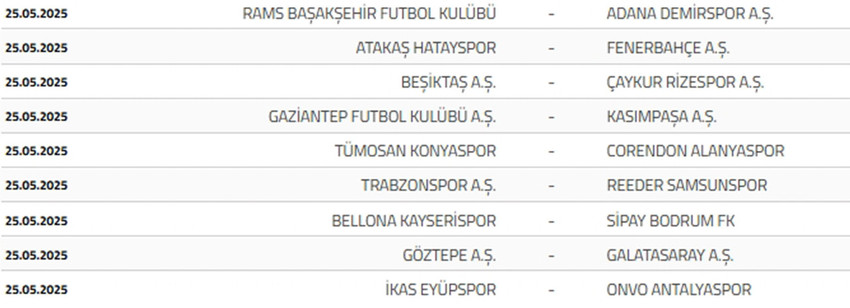 Trendyol Süper Lig 2024-2025 Sezonu Fikstürü