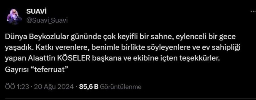 Ünlü müzisyen ve söz yazarı Suavi’nin İstanbul Beykoz’daki konserine saldırı girişimi düzenlendi.