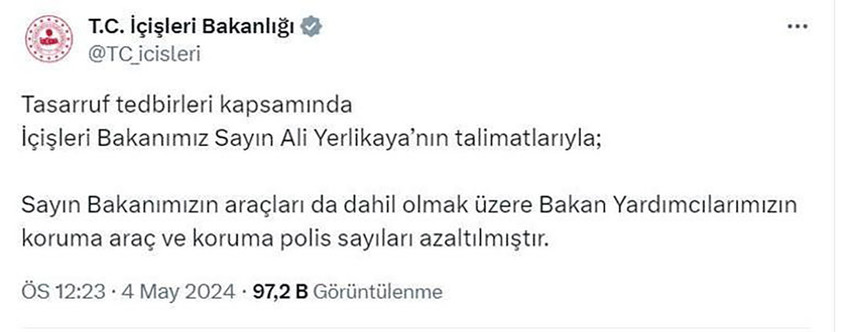 Bakanlıktan tasarruf tedbirleri: Koruma araç ve polis sayısı azaltıldı - Resim : 1