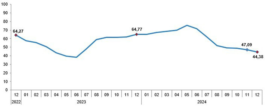 Türkiye İstatistik Kurumu 2024 yılının son enflasyon verileri olan 2024 yılı Aralık ayı enflasyon rakamlarını açıkladı. TÜİK'e göre Tüketici fiyat endeksi (TÜFE) yıllık %44,38, aylık %1,03, Yurt İçi Üretici Fiyat Endeksi (Yİ-ÜFE) ise yıllık %28,52 aylık %0,40 oranında arttı.   Yurt İçi Üretici Fiyat Endeksi (Yİ-ÜFE) yıllık %29,47, aylık ise %0,66 arttı...