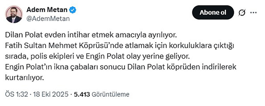 Ünlülere yönelik uyuşturucu soruşturmasında test sonucu pozitif çıkan Dilan Polat'ın, Fatih Sultan Mehmet Köprüsü'nde intihara kalkıştığı iddia edildi.