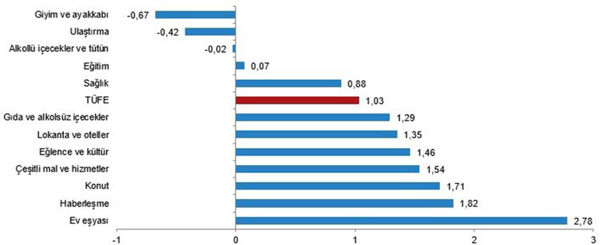 Türkiye İstatistik Kurumu 2024 yılının son enflasyon verileri olan 2024 yılı Aralık ayı enflasyon rakamlarını açıkladı. TÜİK'e göre Tüketici fiyat endeksi (TÜFE) yıllık %44,38, aylık %1,03, Yurt İçi Üretici Fiyat Endeksi (Yİ-ÜFE) ise yıllık %28,52 aylık %0,40 oranında arttı.   Yurt İçi Üretici Fiyat Endeksi (Yİ-ÜFE) yıllık %29,47, aylık ise %0,66 arttı...