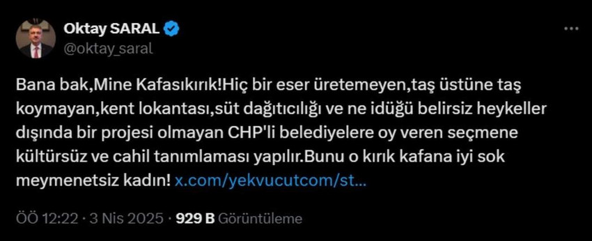Cumhurbaşkanı Başdanışmanı Oktay Saral, sosyal medya hesabından yaptığı paylaşımda, hem yazar Mine Kırıkkanat'ı hem de CHP seçmenini hedef aldı.