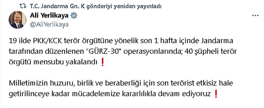 İçişleri Bakanı Ali Yerlikaya, 19 ilde PKK/KCK terör örgütüne yönelik operasyonda 40 şüphelinin yakalandığını duyurdu. 