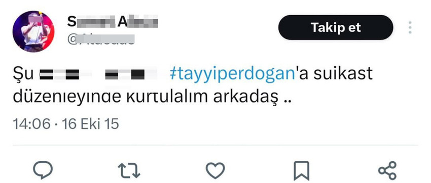 Tekirdağ Büyükşehir Belediyesinin personeli S.A.'ya ait sosyal medya hesabındaki Peygamber Efendimiz'e, dine ve cumhurbaşkanına hakaret paylaşımları kamuoyunda büyük tepki toplamıştı. Zanlı adliyeye sevk edildi.