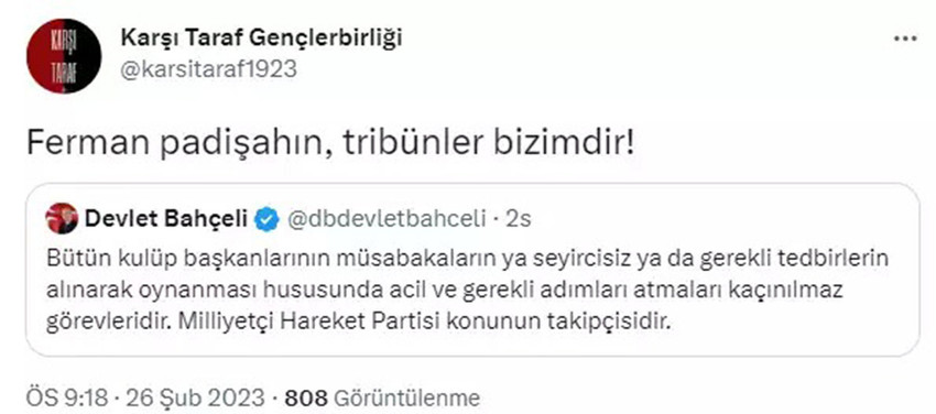 Gençlerbirliği taraftarından Bahçeli'ye tepki