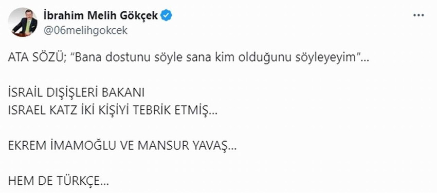 Yerel seçimler öncesi özellikle Ankara için sosyal medyadan yaptığı paylaşımlarla dikkat çeken Ankara'nın eski belediye başkanı Melih Gökçek, yerel seçimlerde CHP'nin büyük zaferi sonrasında yaptığı paylaşımla dikkat çekti.