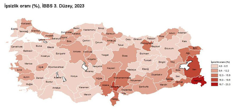 TÜİK verilerine göre, 2023 yılında işsizlik oranı en yüksek il Hakkari, en düşük il ise Sinop oldu.