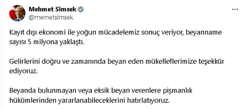 Hazine ve Maliye Bakanı Mehmet Şimşek, beyanname sayısının 5 milyona yaklaştığını açıkladı. Şimşek, gelir beyanında bulunmayanlara pişmanlık hükümlerinden yararlanabileceklerini hatırlattı. 