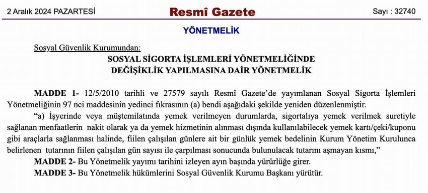 Milyonlarca çalışanın kullandığı yemek kartları ile ilgili kritik değişiklikler Resmi Gazete'de yayımlanarak yürürlüğe girdi. Değişiklikle birlikte yemek bedeli hesaplanması değişti...