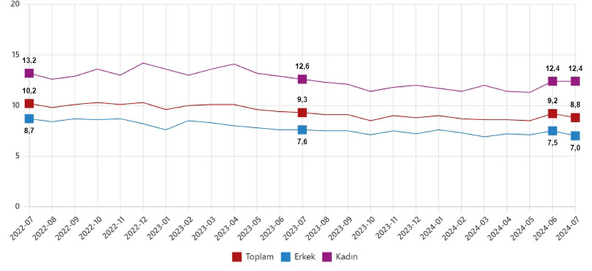 Türkiye İstatistik Kurumu (TÜİK), temmuz ayı iş gücü verilerini açıkladı. İşsizlik oranı 0,4 puan azalarak yüzde 8,8 seviyesinde gerçekleşti.