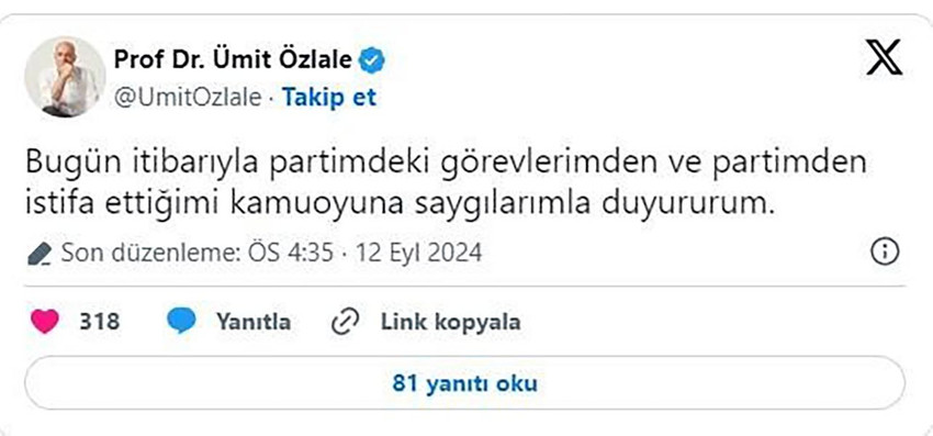 İYİ Parti Genel Başkan Yardımcısı Ümit Özlale partisinden istifa etti - Resim : 1