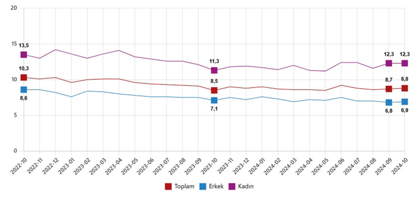 Türkiye İstatistik Kurumu ekim ayına ilişkin işsizlik rakamlarını açıkladı. TÜİK'e göre Ekim 2024'te mevsim etkisinden arındırılmış işsizlik oranı %8,8 seviyesinde gerçekleşti