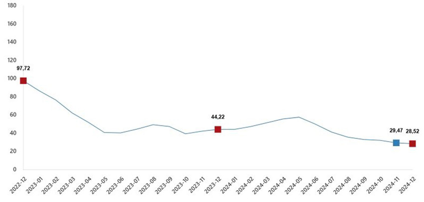 Türkiye İstatistik Kurumu 2024 yılının son enflasyon verileri olan 2024 yılı Aralık ayı enflasyon rakamlarını açıkladı. TÜİK'e göre Tüketici fiyat endeksi (TÜFE) yıllık %44,38, aylık %1,03, Yurt İçi Üretici Fiyat Endeksi (Yİ-ÜFE) ise yıllık %28,52 aylık %0,40 oranında arttı.   Yurt İçi Üretici Fiyat Endeksi (Yİ-ÜFE) yıllık %29,47, aylık ise %0,66 arttı...