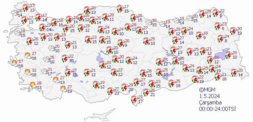 1 Mayıs Çarşamba hava tahmin haritası