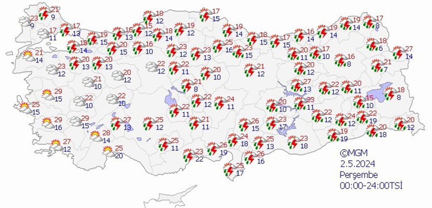 2 Mayıs Perşembe hava tahmin haritası