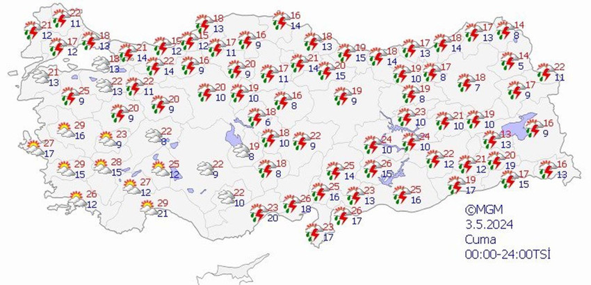 3 Mayıs Cuma hava tahmin haritası