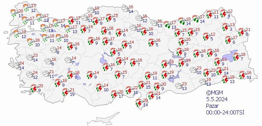 5 Mayıs Pazar hava durumu tahmin haritası