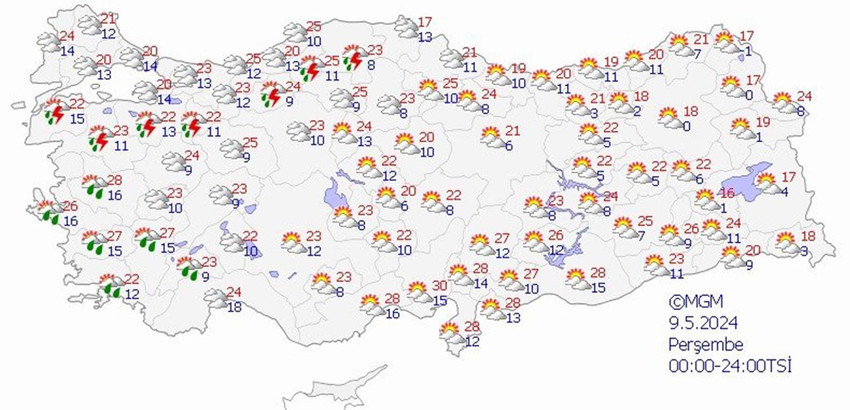 9 Mayıs Perşembe hava durumu haritası