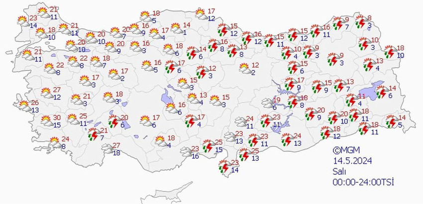 14 Mayıs Salı hava durumu tahmin haritası