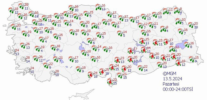 13 Mayıs Pazartesi hava tahmin haritası