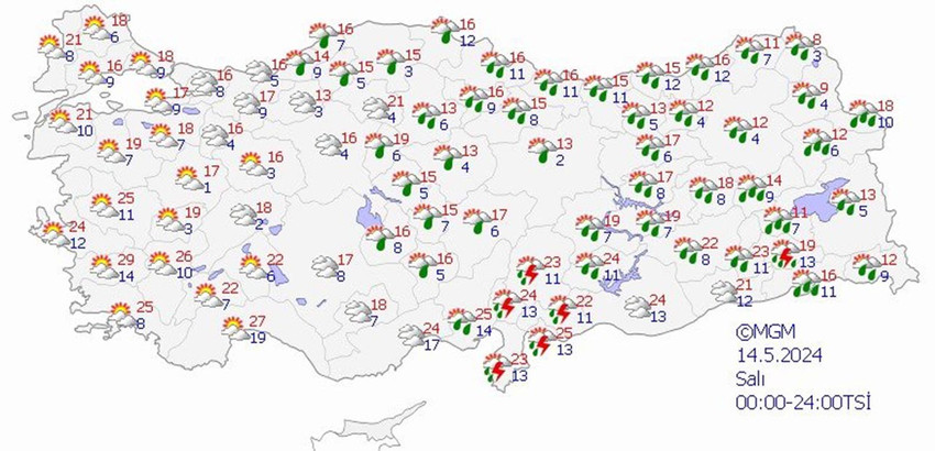 13 Mayıs Pazartesi hava tahmin haritası