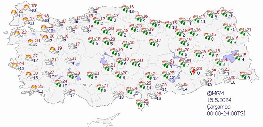 13 Mayıs Pazartesi hava tahmin haritası