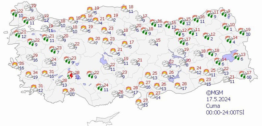 13 Mayıs Pazartesi hava tahmin haritası