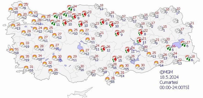 18 Mayıs Cumartesi hava tahmin haritası