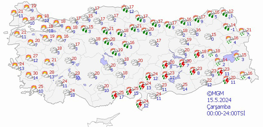 15 Mayıs Çarşamba hava tahmin haritası