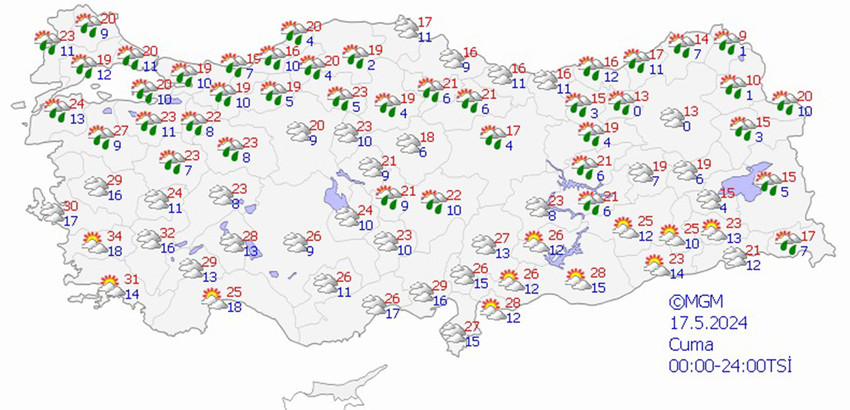 17 Mayıs Cuma hava tahmin haritası