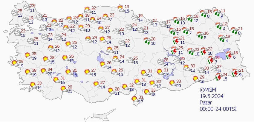 19 Mayıs Pazar hava tahmin haritası