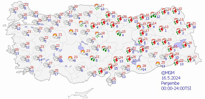 16 Mayıs Perşembe hava tahmin haritası