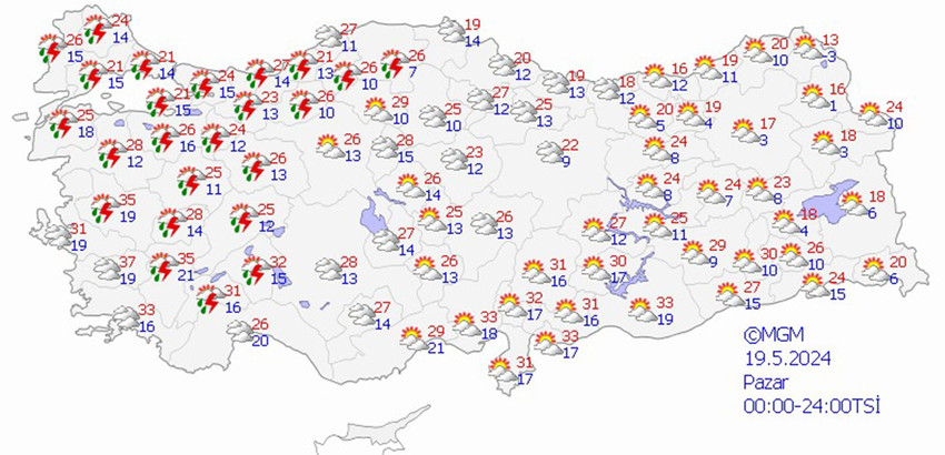 19 Mayıs Pazar hava tahmin haritası